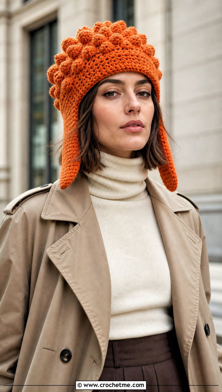 Bobble Stitch Crochet Ushanka With Trench Coat - 35 crochet russian hat outfit ideas