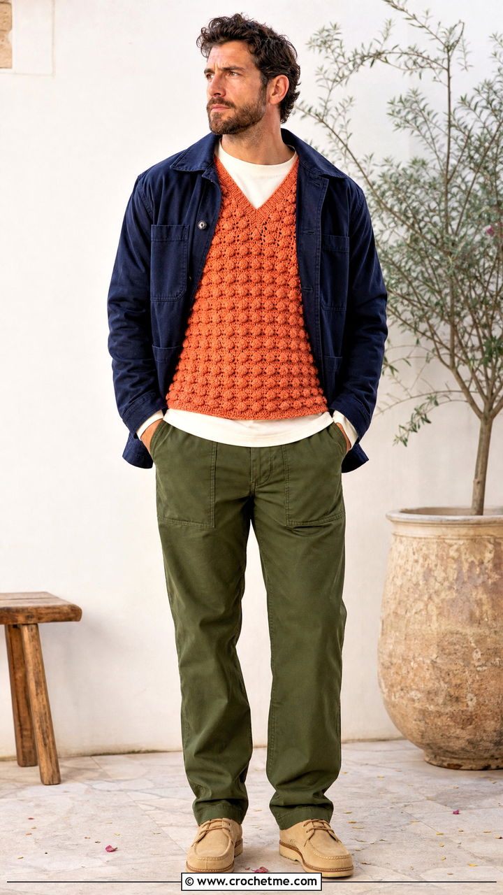 Bobble Stitch Crochet Vest With Chore Coat And Twill Pants - 35 crochet vest for men outfit ideas