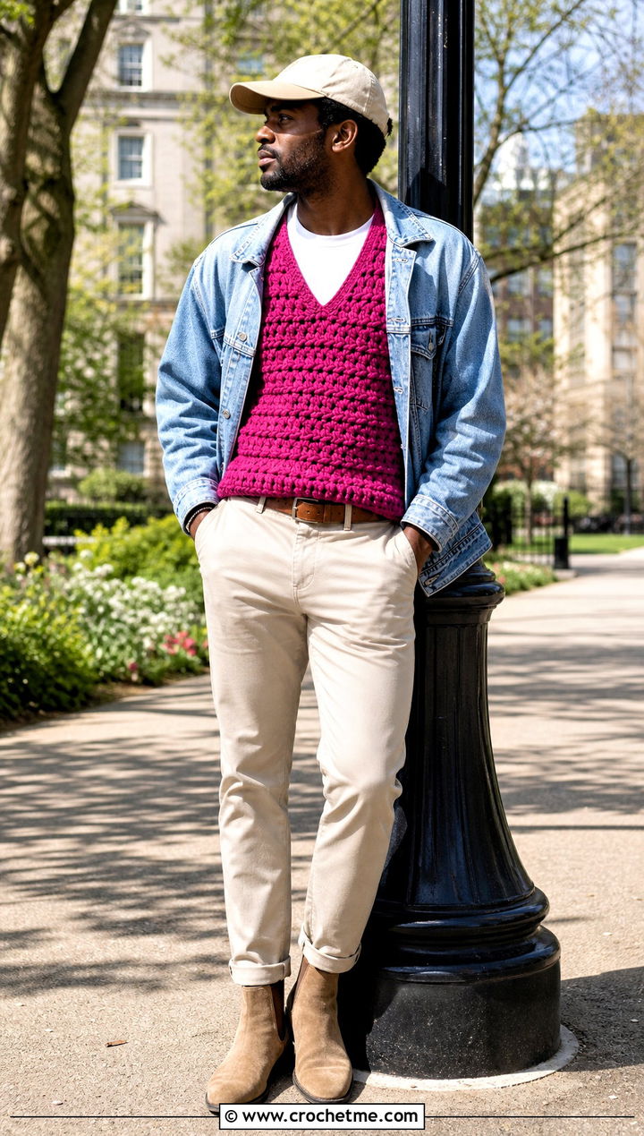Bobble Stitch Crochet Vest With Denim Jacket And Twill Pants - 30 mens crochet vest outfit ideas