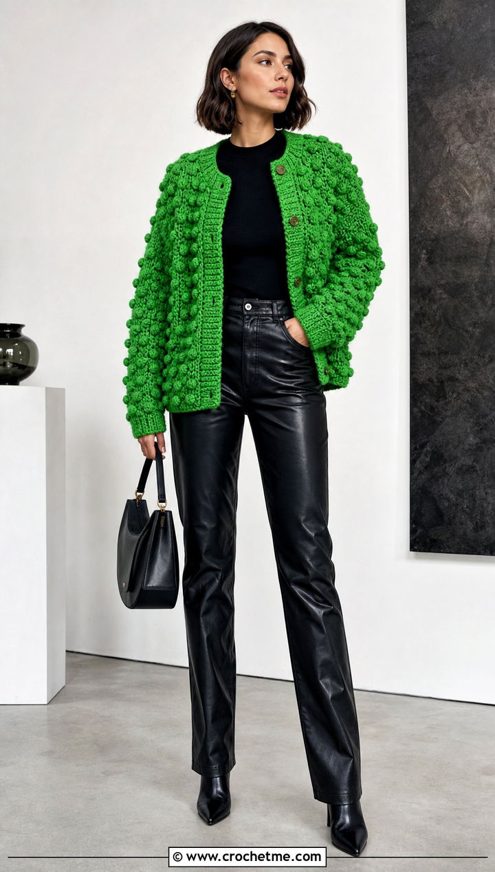 Bobble Stitch Crochet Winter Cardigan With Leather Pants - 25 crochet winter cardigan outfit ideas