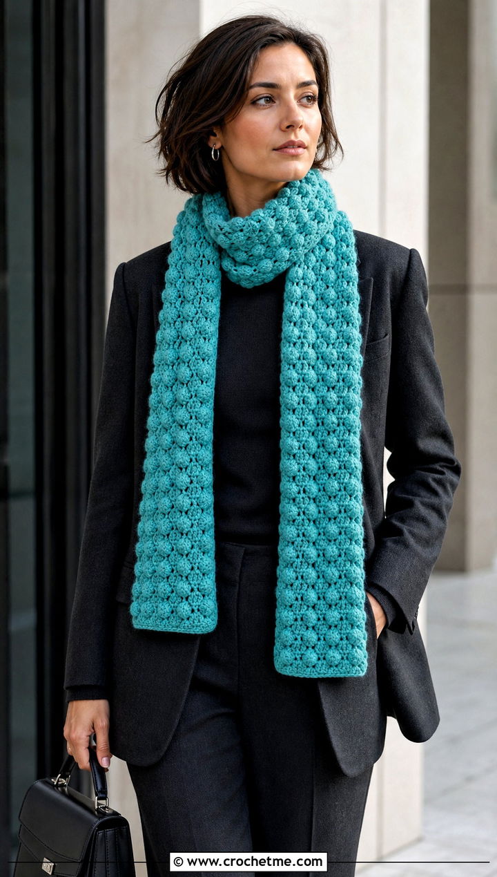 Bobble Stitch Crochet Winter Scarf With Monochrome Suit - 35 crochet winter scarf outfit ideas