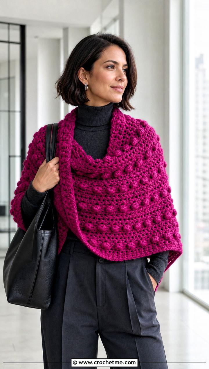 Bobble Stitch Crochet Winter Shawl With Monochrome Outfit - 15 Crochet Winter Shawl outfit ideas