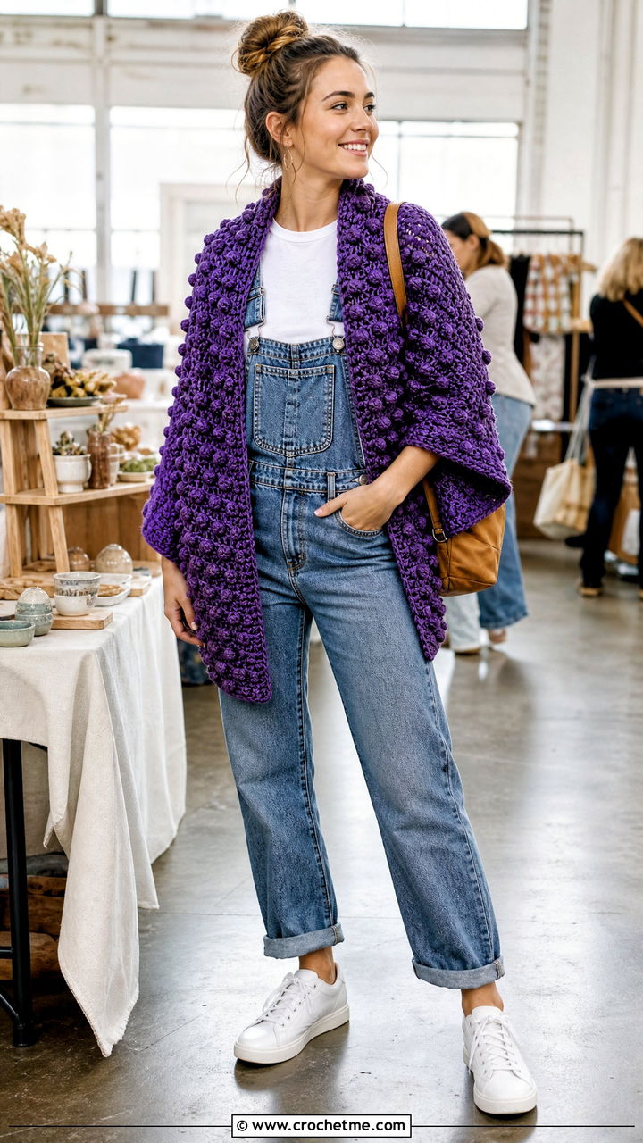 Bobble Stitch Crochet Wrap With Overalls - 35 crochet wrap outfit ideas