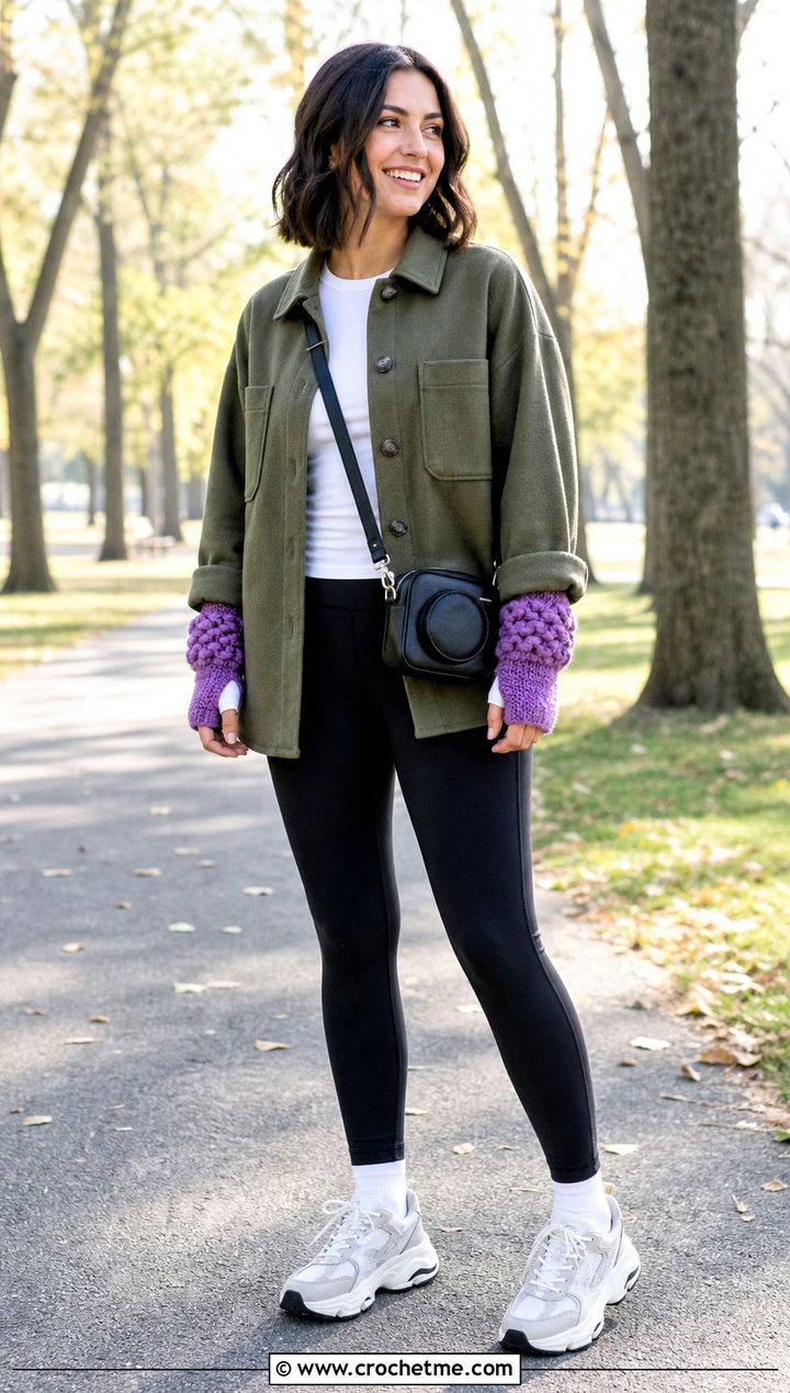 Bobble Stitch Crochet Wrist Warmers With Shacket - 35 crochet hand warmer outfit ideas