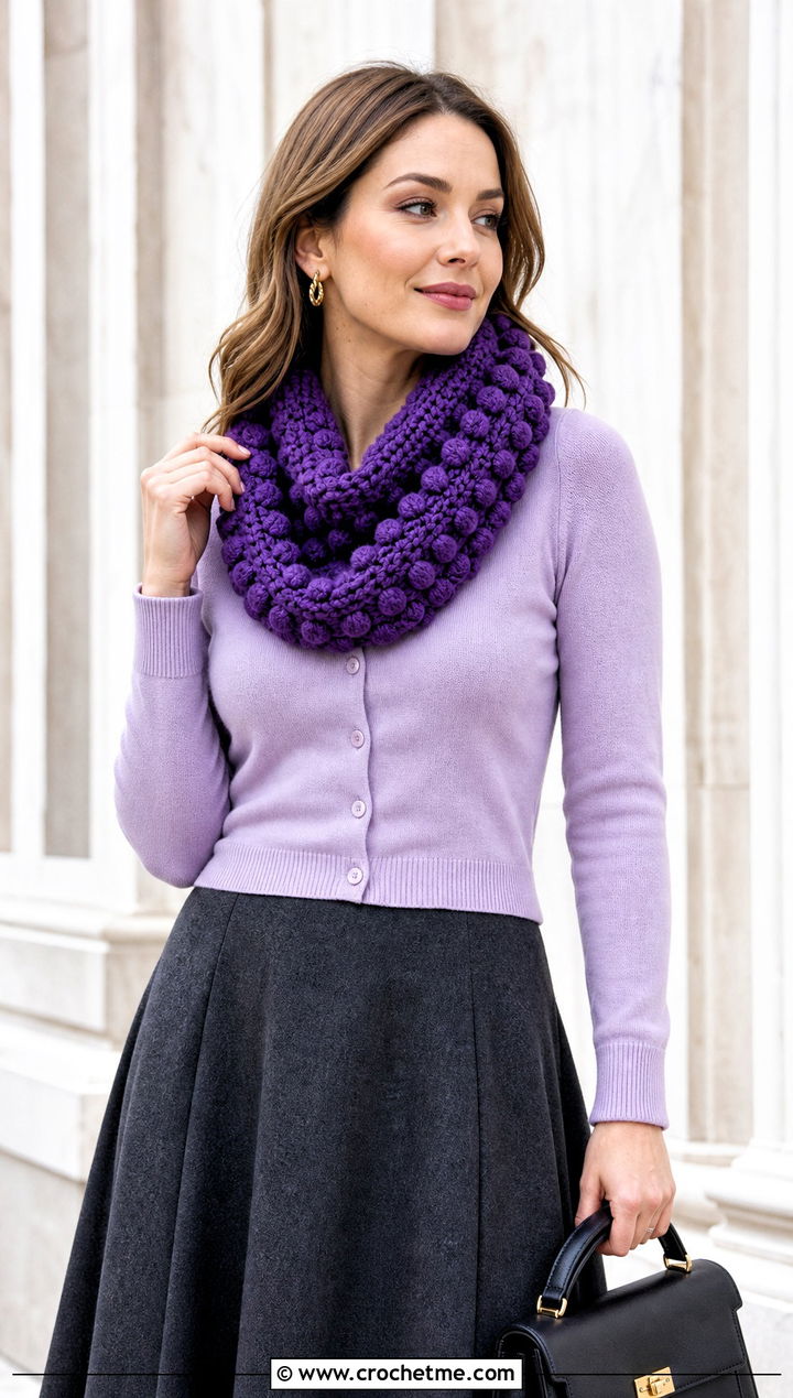 Bobble Stitch Crocheted Infinity Scarf With Cardigan And Midi Skirt - 25 Crocheted Infinity Scarf outfit ideas