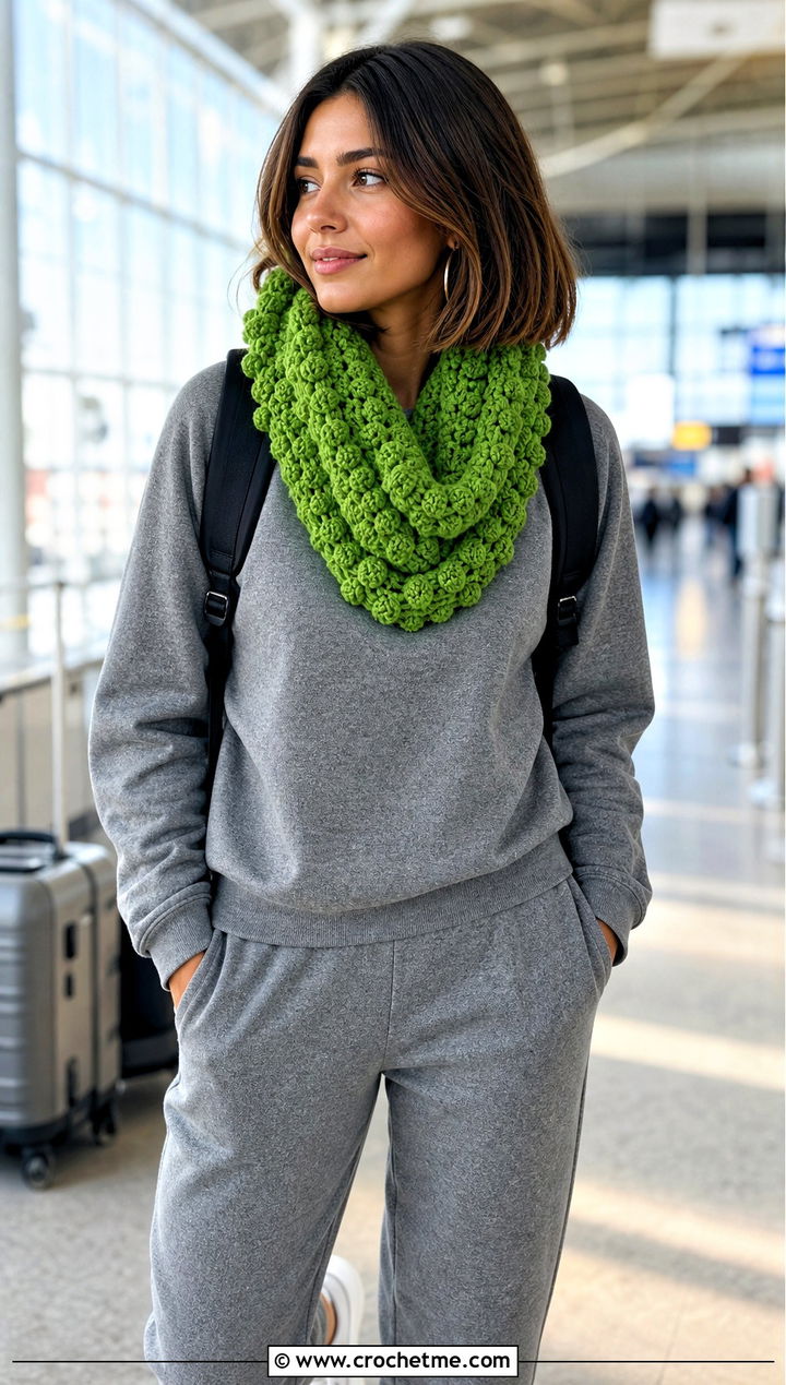 Bobble Stitch Crocheted Infinity Scarf With Sweatshirt and Track Pants - 15 Easy Crocheted Infinity Scarf outfit ideas