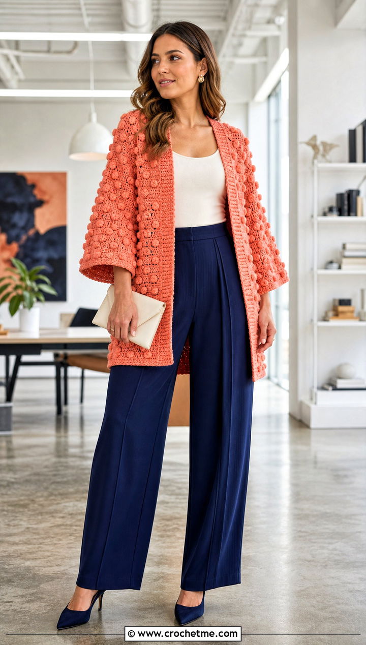 Bobble Stitch Crocheted Kimono With Pleated Pants - 25 Crocheted Kimono outfit ideas