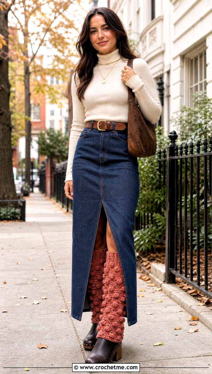 Bobble Stitch Crocheted Leg Warmers With Denim Maxi Skirt - 35 Crocheted Leg Warmers outfit ideas