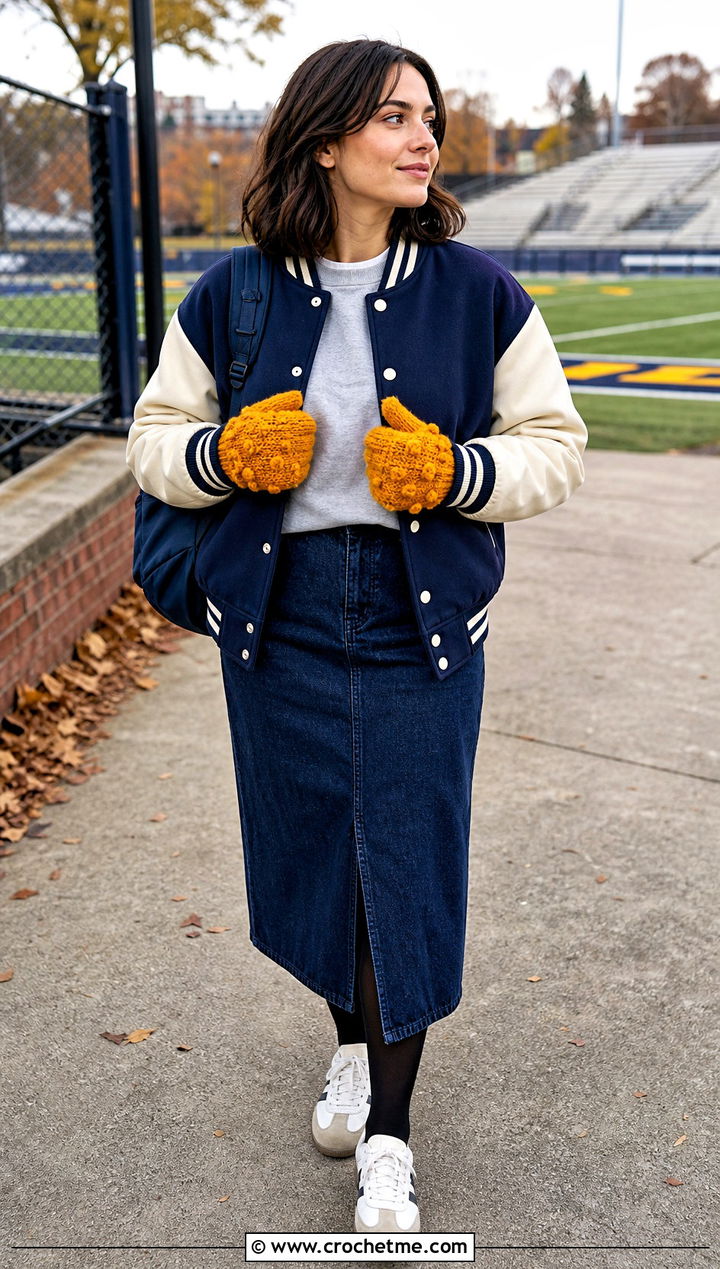 Bobble Stitch Crocheted Mittens With Varsity Jacket - 30 Crocheted Mittens outfit ideas