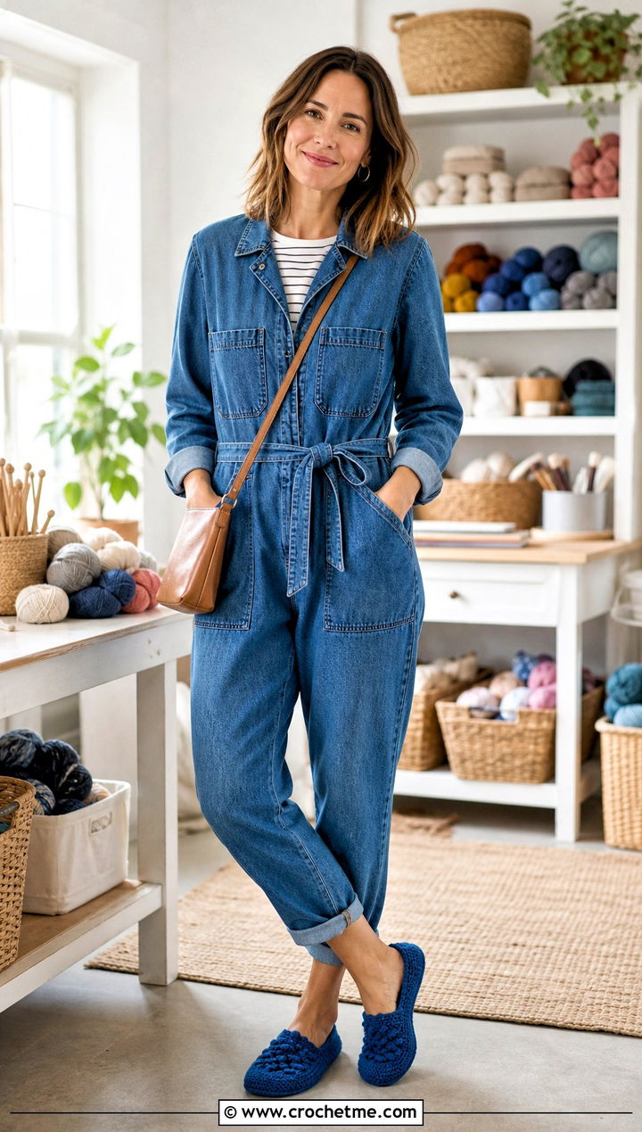 Bobble Stitch Crocheted Slippers With a Denim Jumpsuit - 35 crocheted slippers outfit ideas