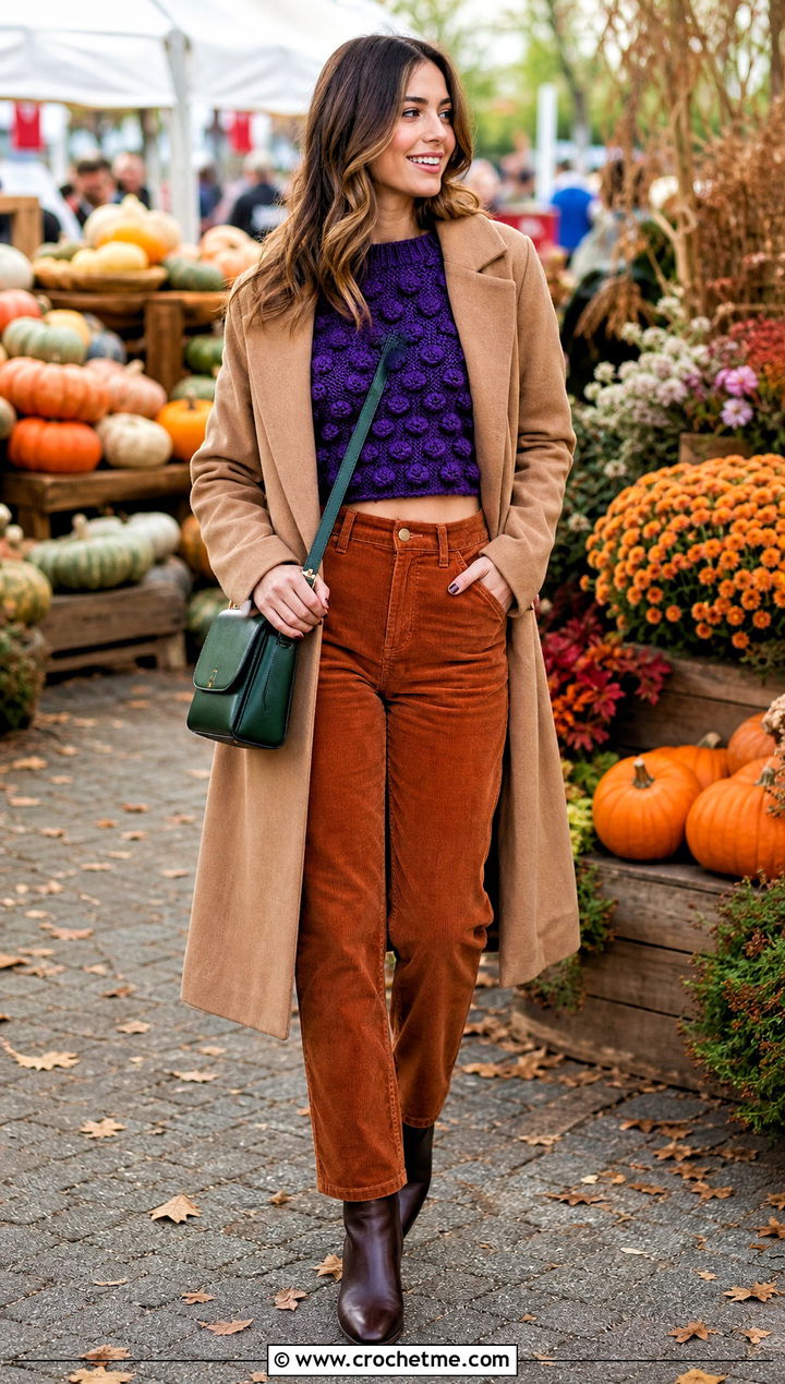 Bobble Stitch Cropped Crochet Sweater With Corduroy Pants - 35 cropped crochet sweater outfit ideas
