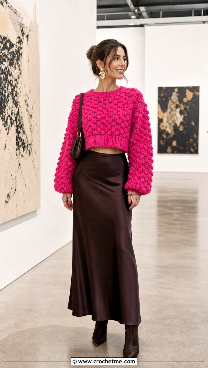 Bobble Stitch Cropped Sweater With Satin Maxi Skirt - 30 crocheted cropped sweater outfit ideas