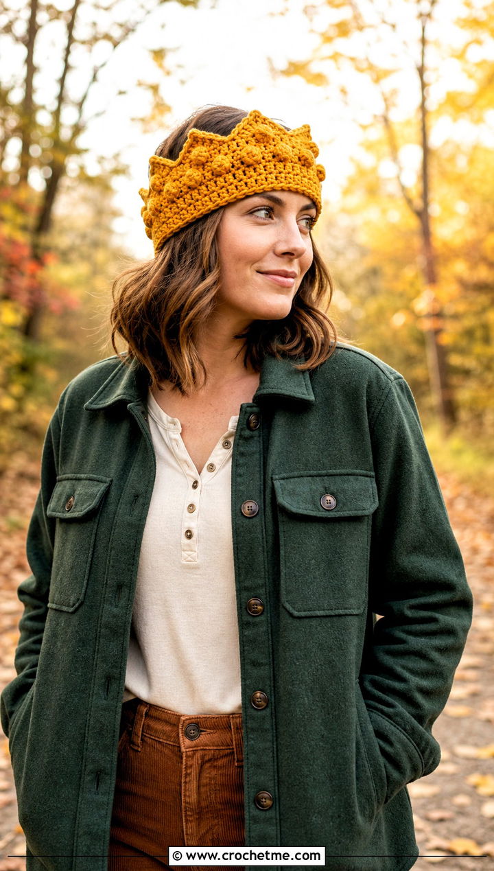 Bobble Stitch Crown Ear Warmer With Shacket And Corduroy Pants - 25 crochet crown ear warmer outfit ideas