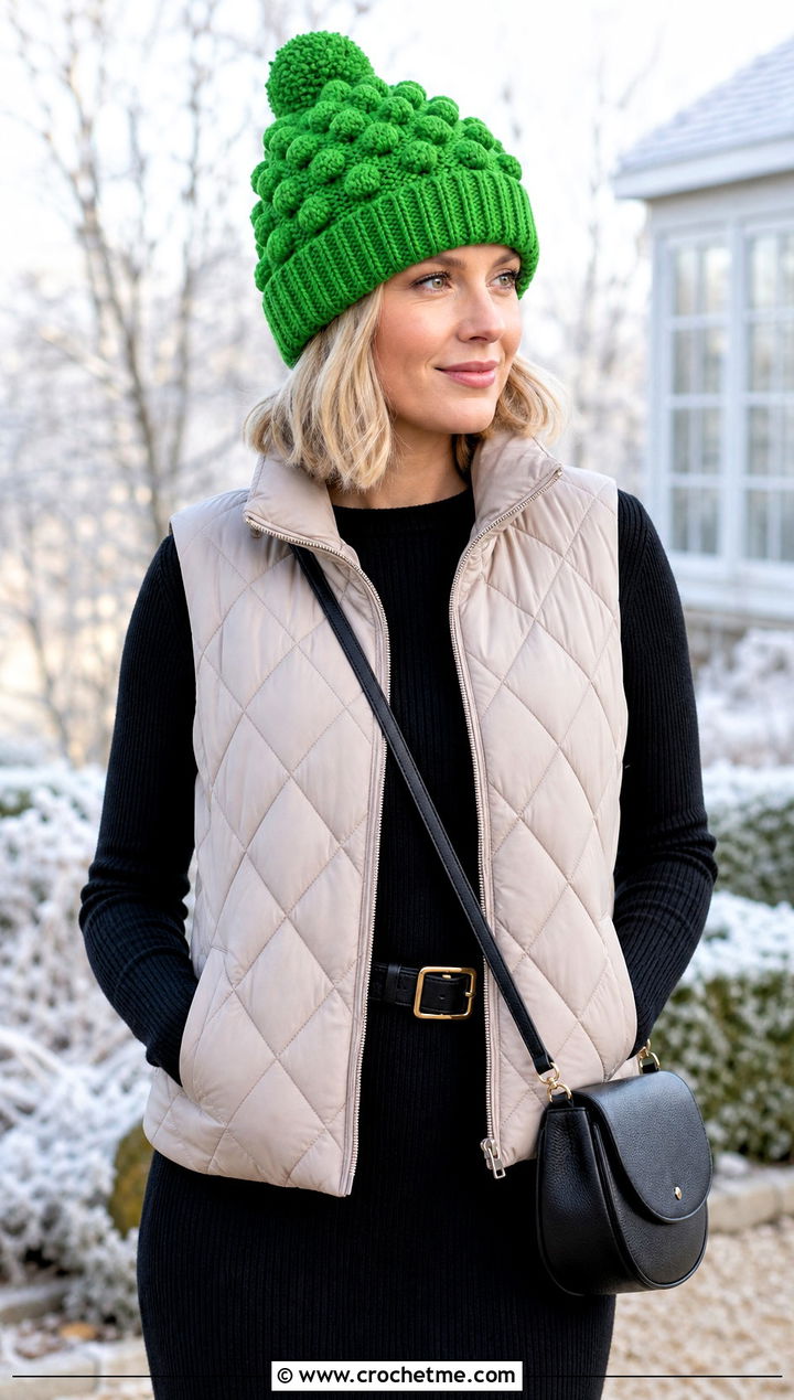 Bobble Stitch Cuffed Crochet Beanie With Quilted Vest And Sweater Dress - 15 Cuffed Crochet Beanie outfit ideas