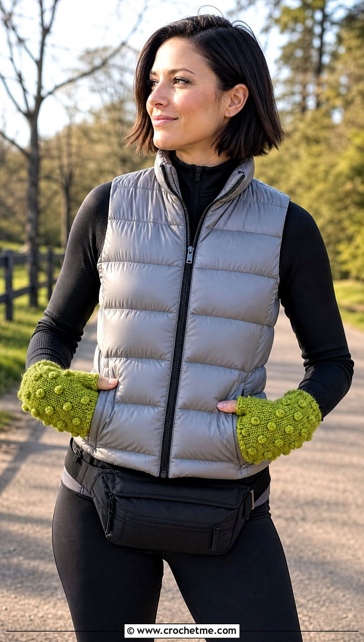 Bobble Stitch DK Yarn Crochet Fingerless Gloves With Puffer Vest - 25 dk yarn crochet fingerless gloves outfit ideas