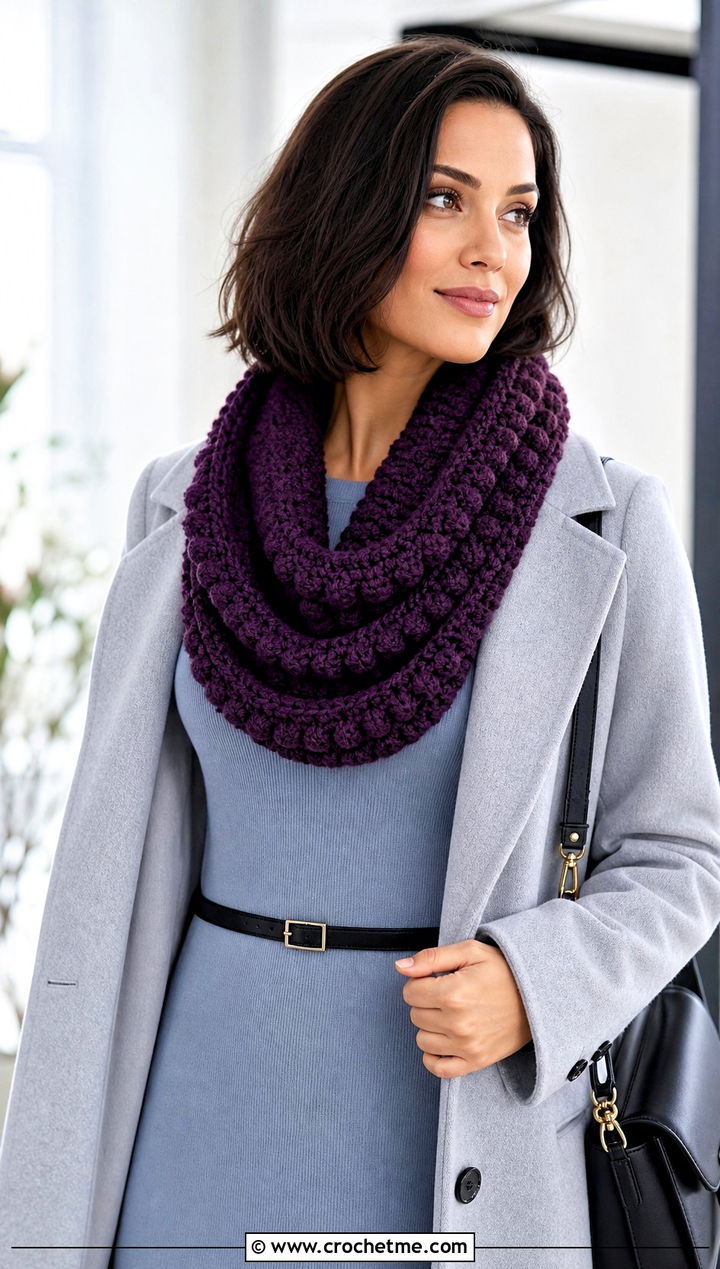 Bobble Stitch Double Length Crochet Cowl With Sweater Dress And Boots - 15 Double Length Crochet Cowl outfit ideas
