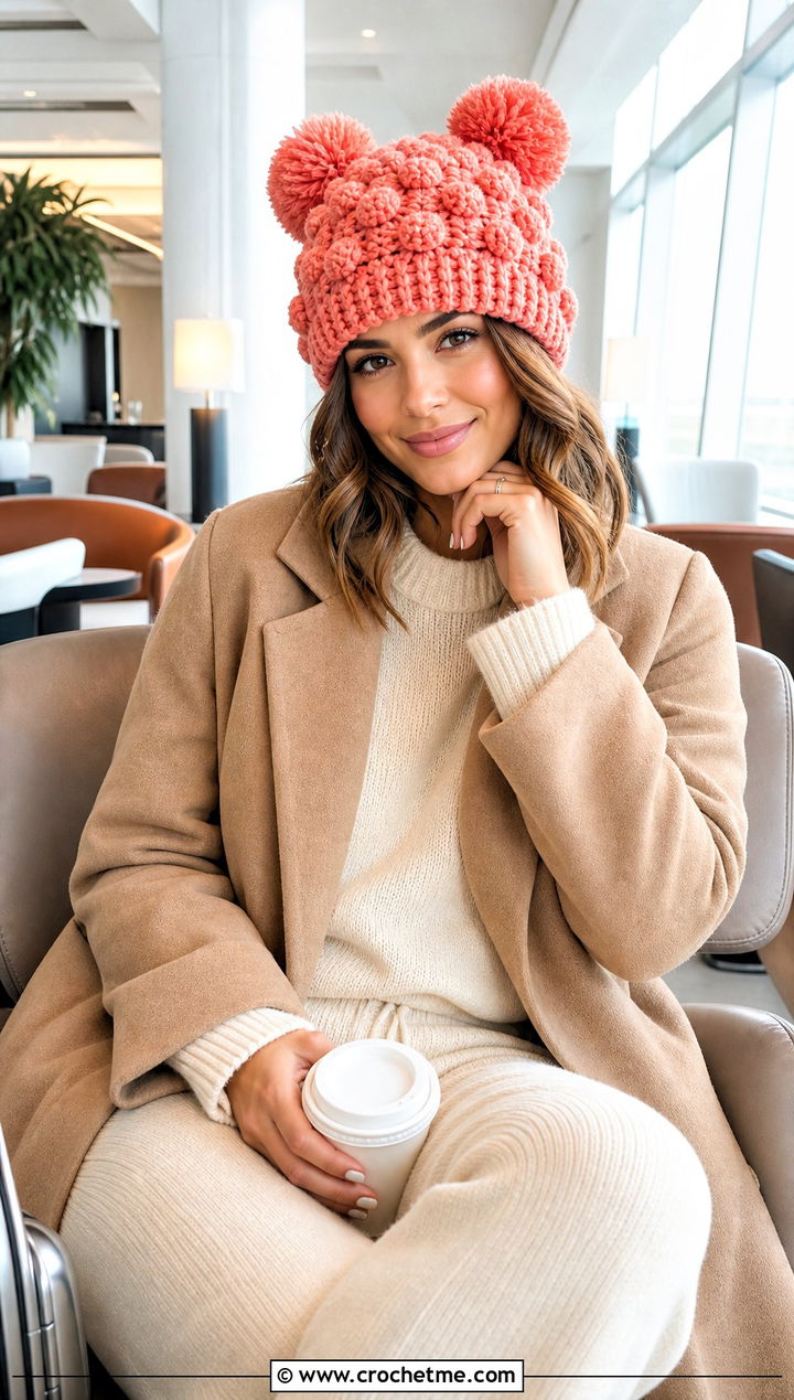 Bobble Stitch Double Pom Hat With Knit Set - 20 Crochet Hat With Two Pom Poms outfit ideas