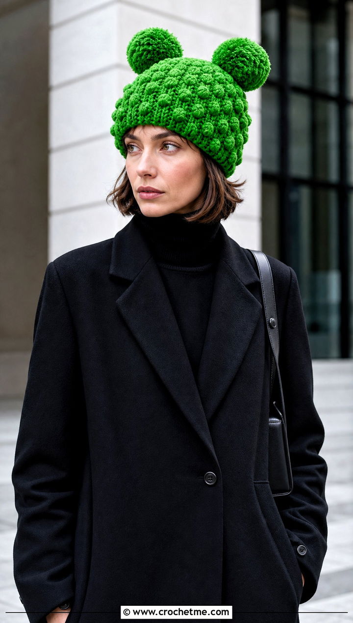 Bobble Stitch Double Pom Pom Hat With Monochrome Outfit - 25 Crochet Double Pom Pom Hat outfit ideas