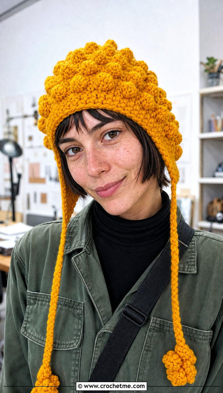 Bobble Stitch Ear Flap Beanie With Utility Jumpsuit - 30 crochet ear flap beanie outfit ideas