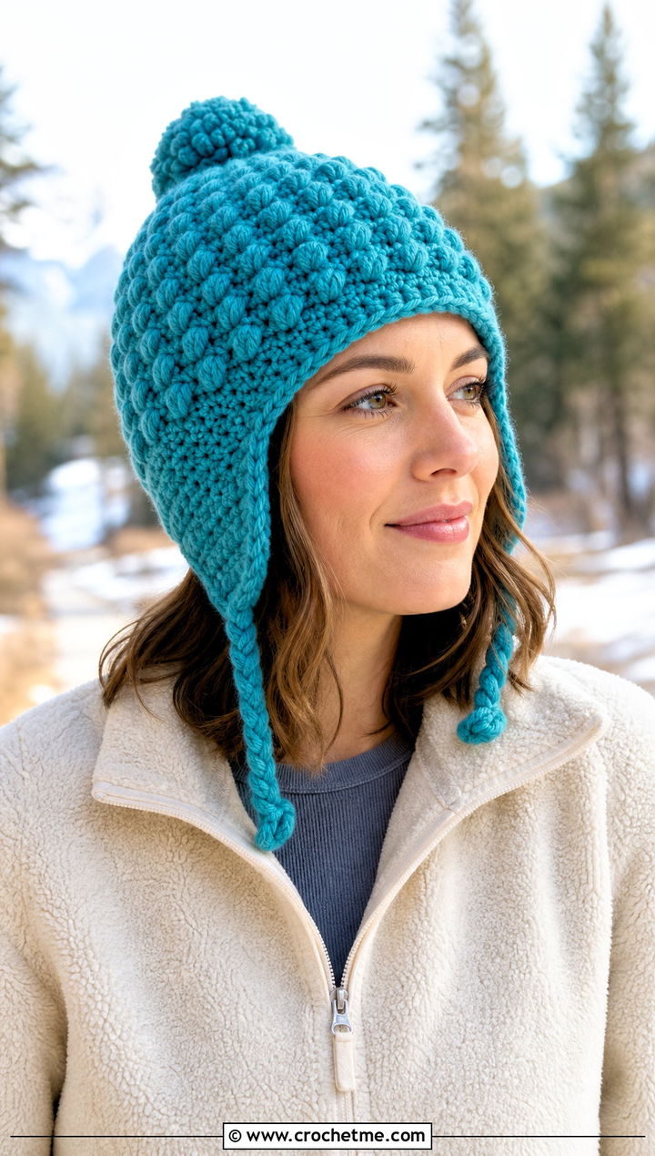 Bobble Stitch Ear Flap Hat With Fleece Jacket - 25 crochet ear flap hat outfit ideas