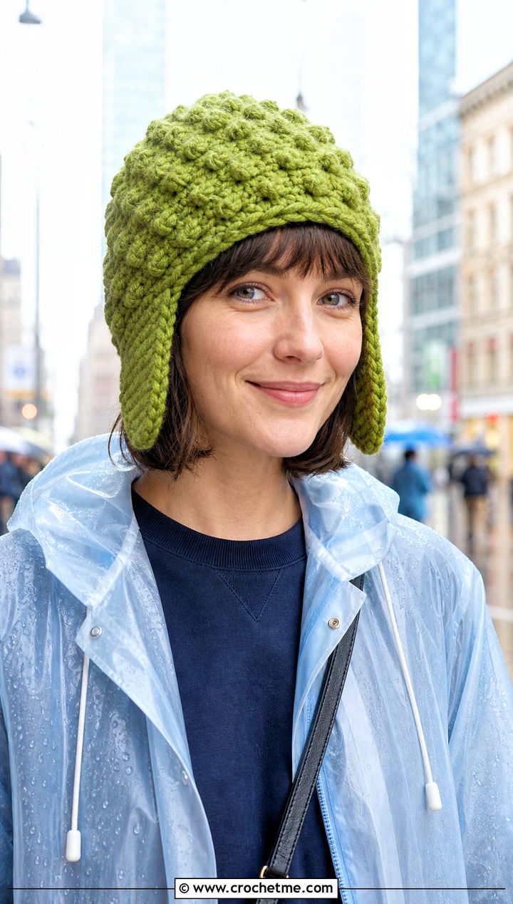 Bobble Stitch Earflap Crochet Beanie With Raincoat - 25 Earflap Crochet Beanie outfit ideas