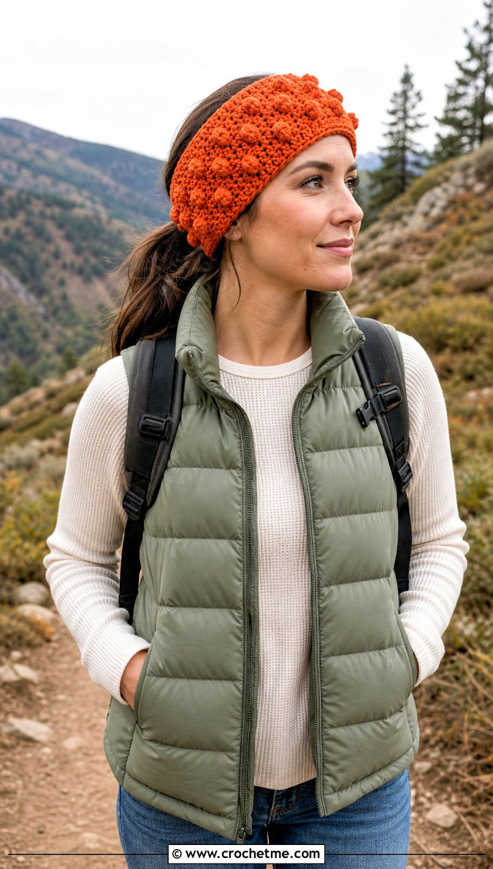 Bobble Stitch Elastic Crochet Headband With a Puffer Vest - 25 Crochet Headbands With Elastic outfit ideas
