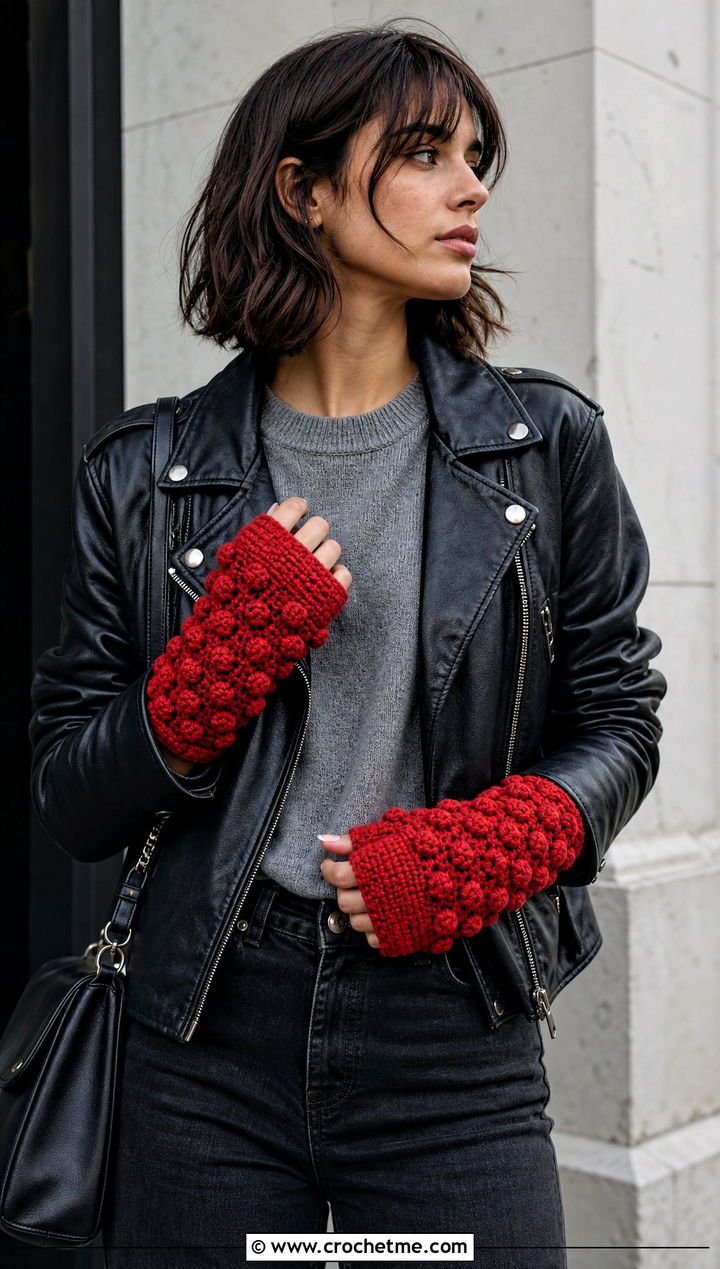 Bobble Stitch Fingerless Crochet Gloves With Leather Jacket - 30 fingerless crochet gloves outfit ideas