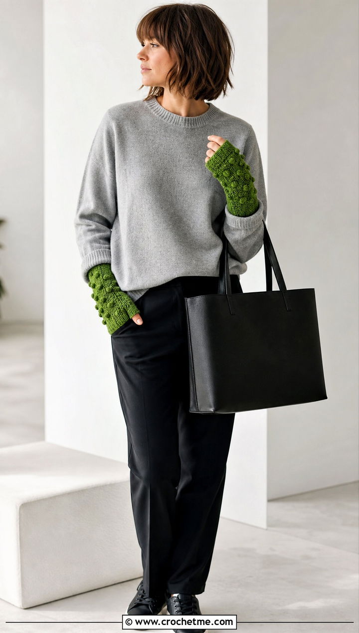 Bobble Stitch Fingerless Gloves With Minimalist Outfit - 25 Diy Crochet Fingerless Gloves outfit ideas