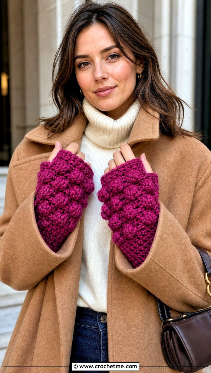 Bobble Stitch Fingerless Gloves With Wool Coat - 25 Crochet Fingerless Gloves Bulky Yarn outfit ideas