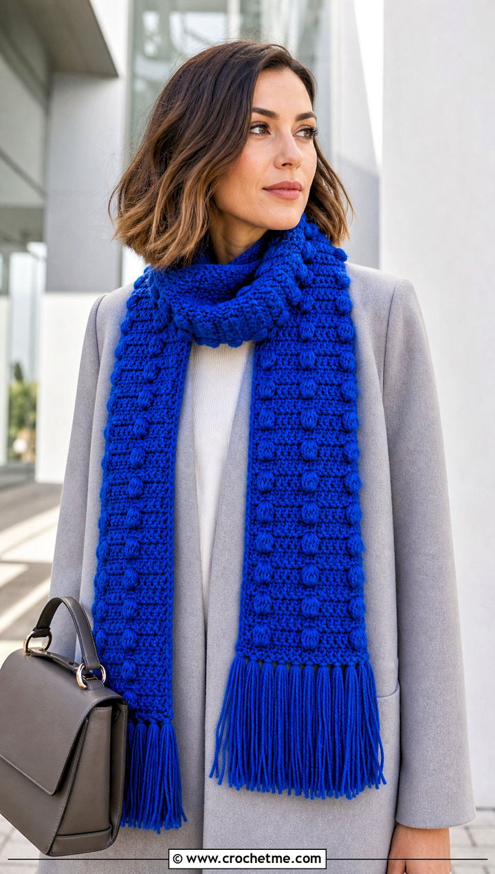 Bobble Stitch Fringe Scarf With Minimal Coat - 25 Crochet Scarf Fringe Ideas