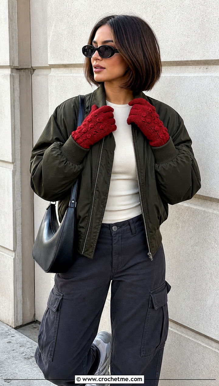 Bobble Stitch Full Finger Crochet Gloves With Bomber Jacket And Cargo Pants - 15 Crochet Fingered Gloves outfit ideas