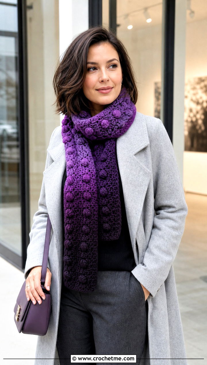 Bobble Stitch Gradient Crochet Scarf With Minimalist Coat - 25 gradient crochet scarf outfit ideas