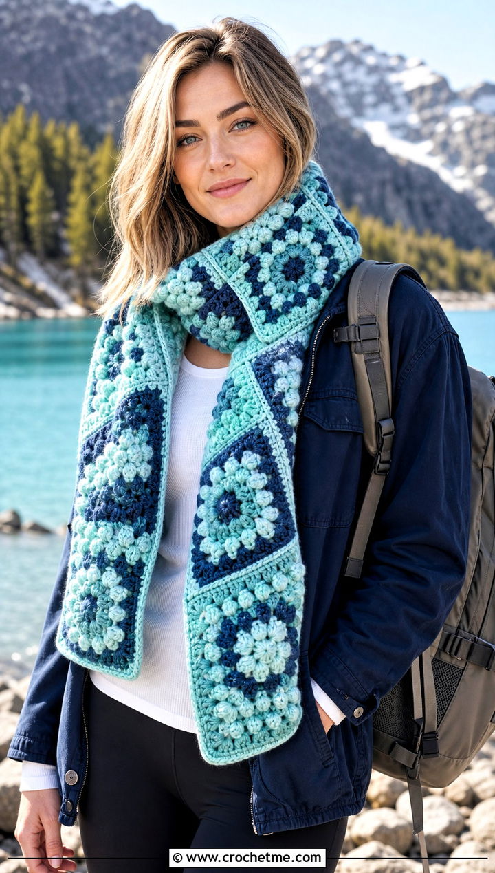 Bobble Stitch Granny Square Scarf With Shacket And Leggings - 30 crochet scarf squares outfit ideas