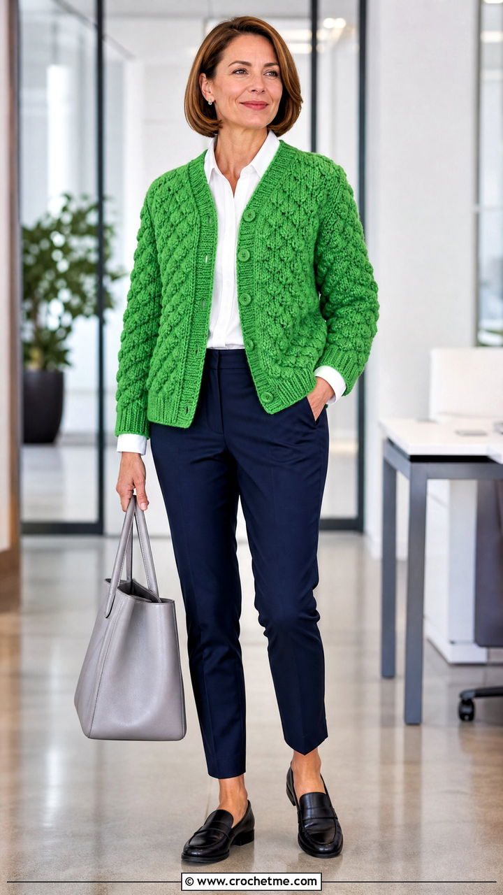 Bobble Stitch Green Crochet Cardigan With a Poplin Shirt - 35 green crochet cardigan outfit ideas