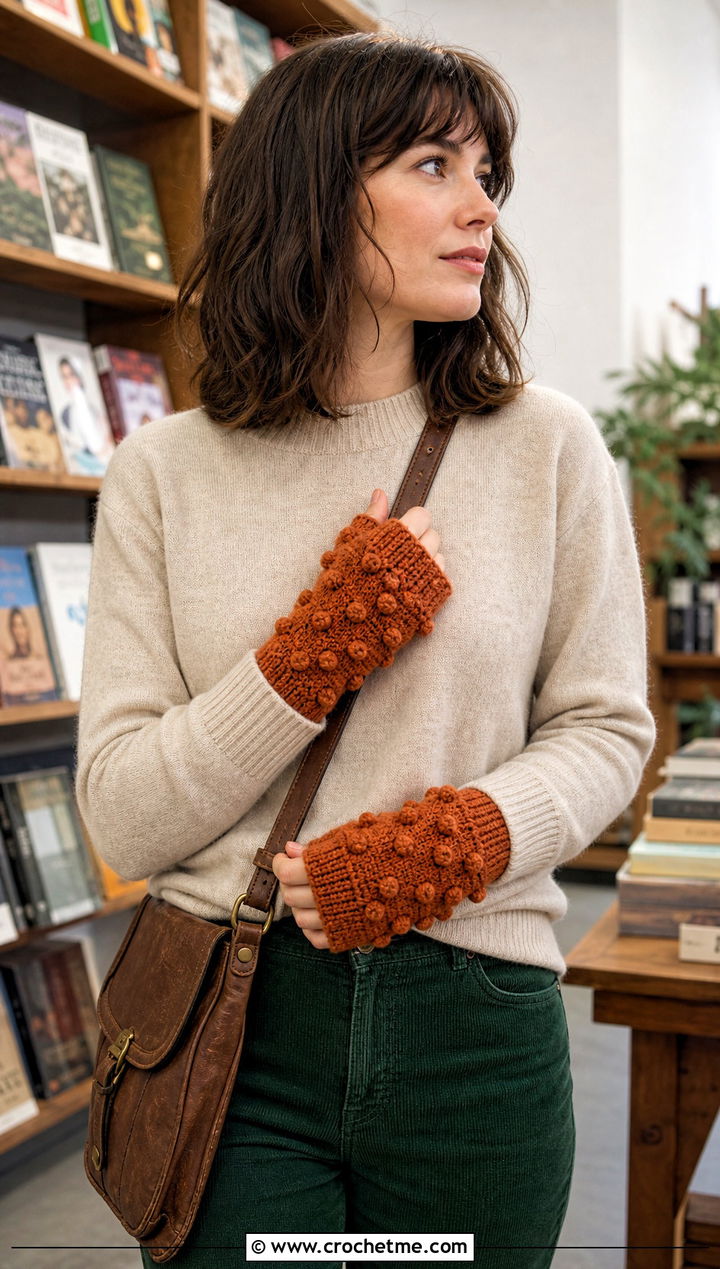 Bobble Stitch Half Finger Gloves With Corduroy Pants - 30 crochet half finger gloves outfit ideas