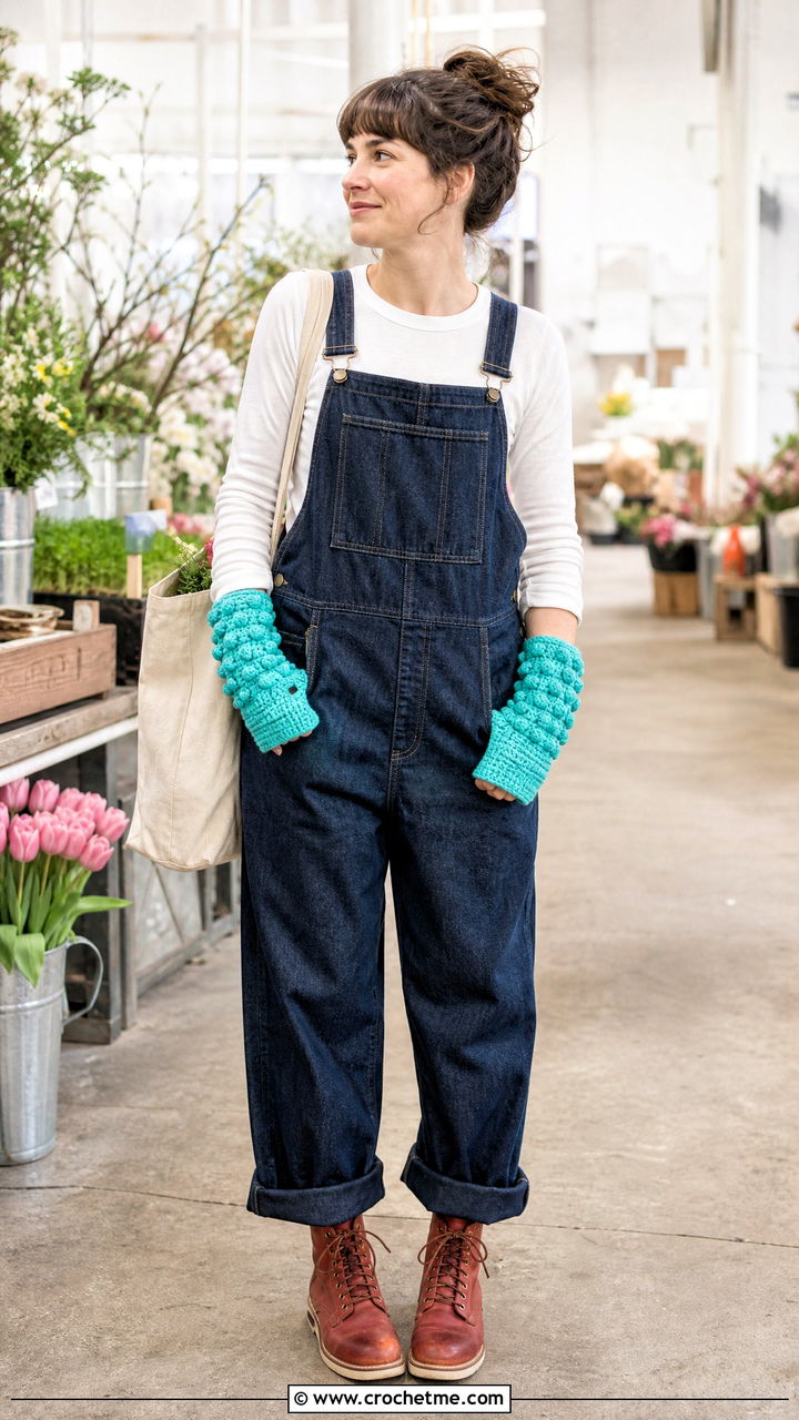 Bobble Stitch Handwarmers With Overalls - 35 Crochet Handwarmer outfit ideas