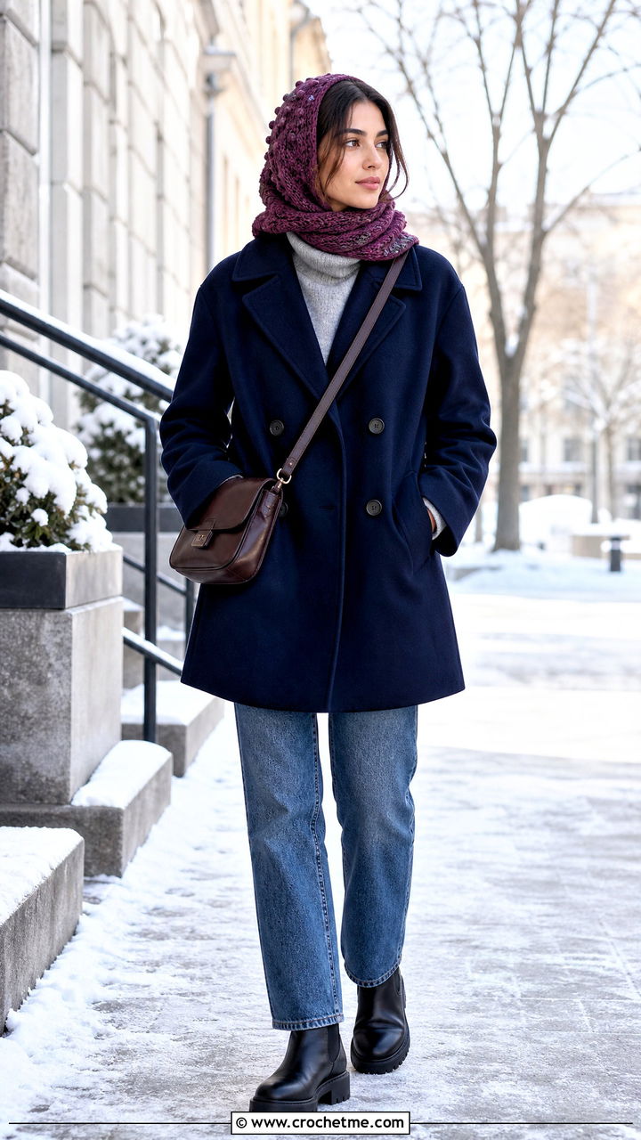 Bobble Stitch Head Scarf With Peacoat And Straight Jeans - 35 crochet head scarf outfit ideas