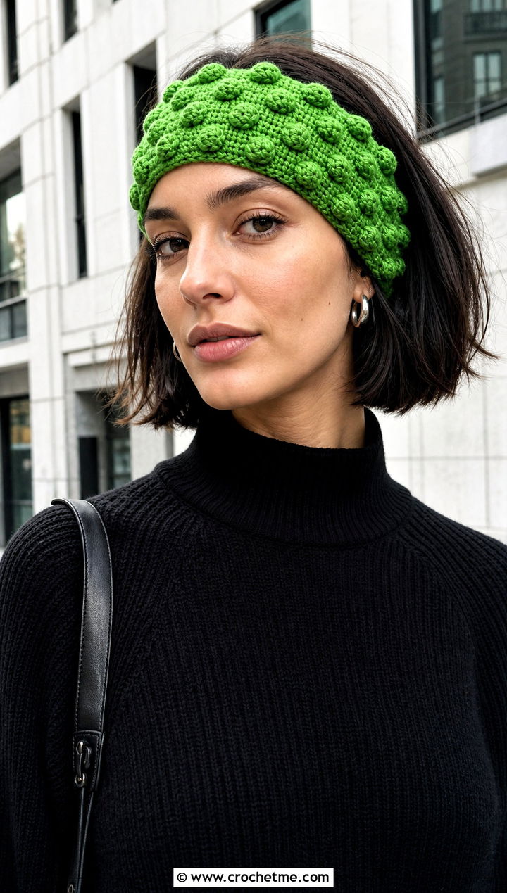 Bobble Stitch Headband With Monochrome Outfit - 25 Easy Crocheted Headbands Ear Warmers outfit ideas