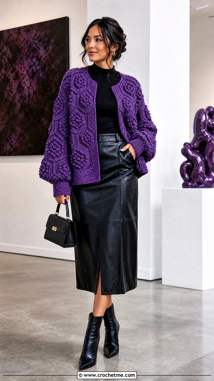 Bobble Stitch Hexi Cardi With Leather Midi Skirt - 35 crochet hexi cardi outfit ideas