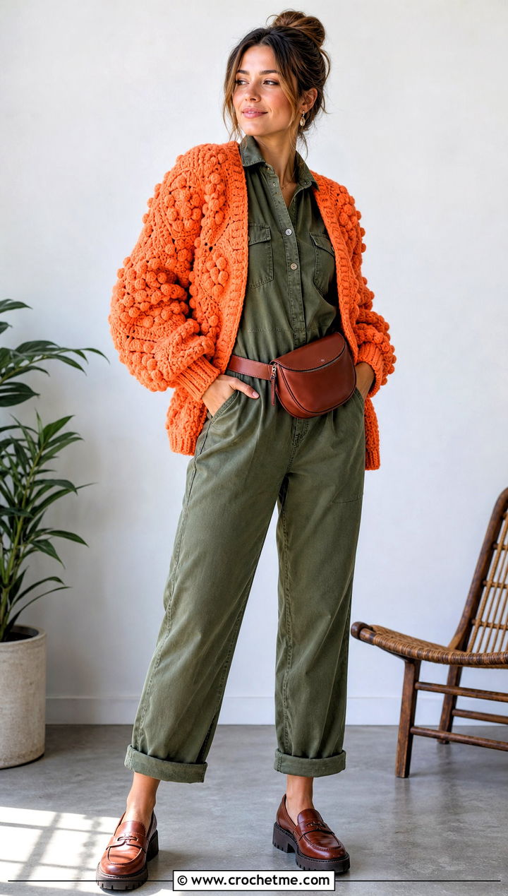 Bobble Stitch Hexi Crochet Cardigan With Utility Jumpsuit - 35 hexi crochet cardigan outfit ideas
