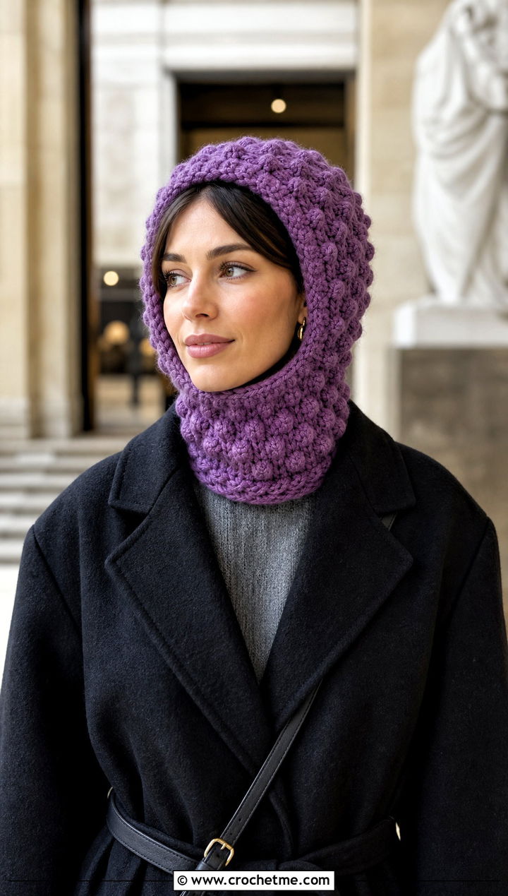 Bobble Stitch Hooded Balaclava With Sweater Dress - 30 hooded crochet balaclava outfit ideas