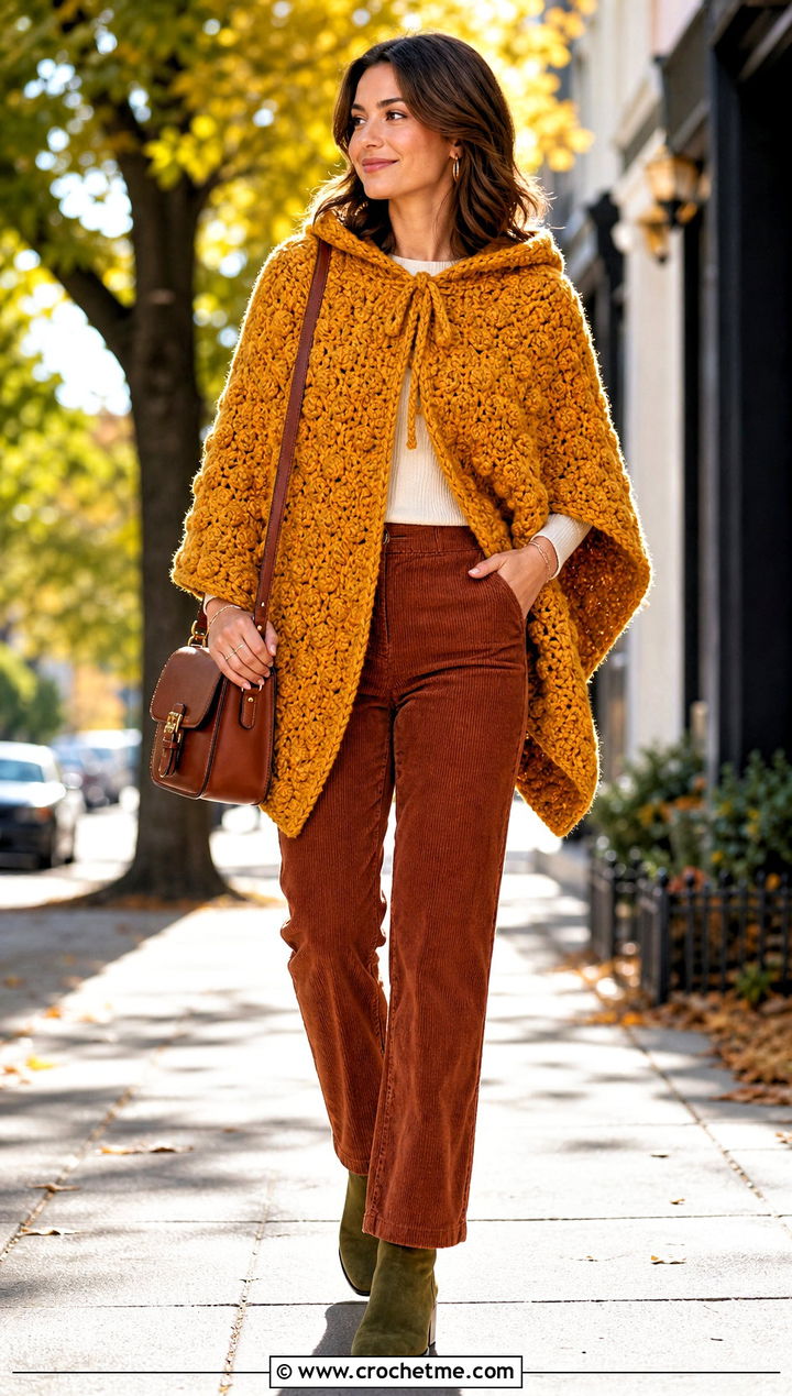 Bobble Stitch Hooded Poncho With Corduroy Pants - 35 Crochet Hooded Poncho outfit ideas