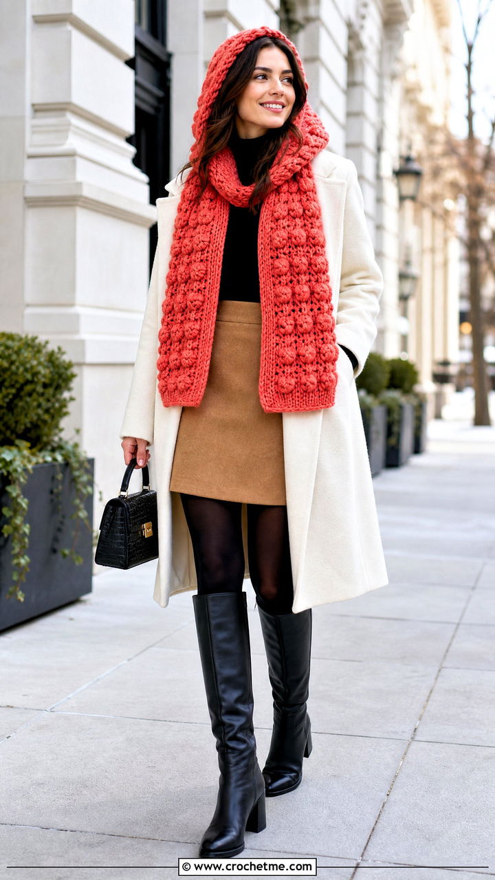 Bobble Stitch Hooded Scarf With Mini Skirt And Boots - 35 crochet hooded scarf outfit ideas