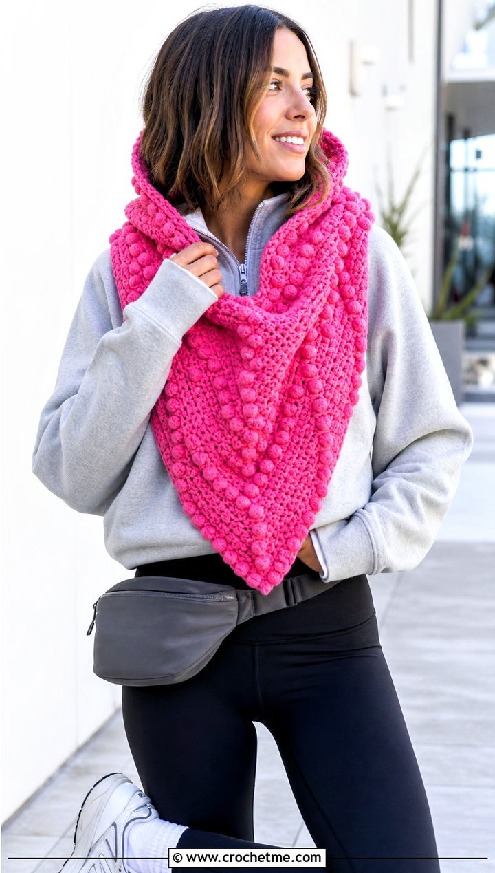 Bobble Stitch Hooded Triangle Crochet Scarf With Leggings - 25 Hooded Triangle Crochet Scarf outfit ideas