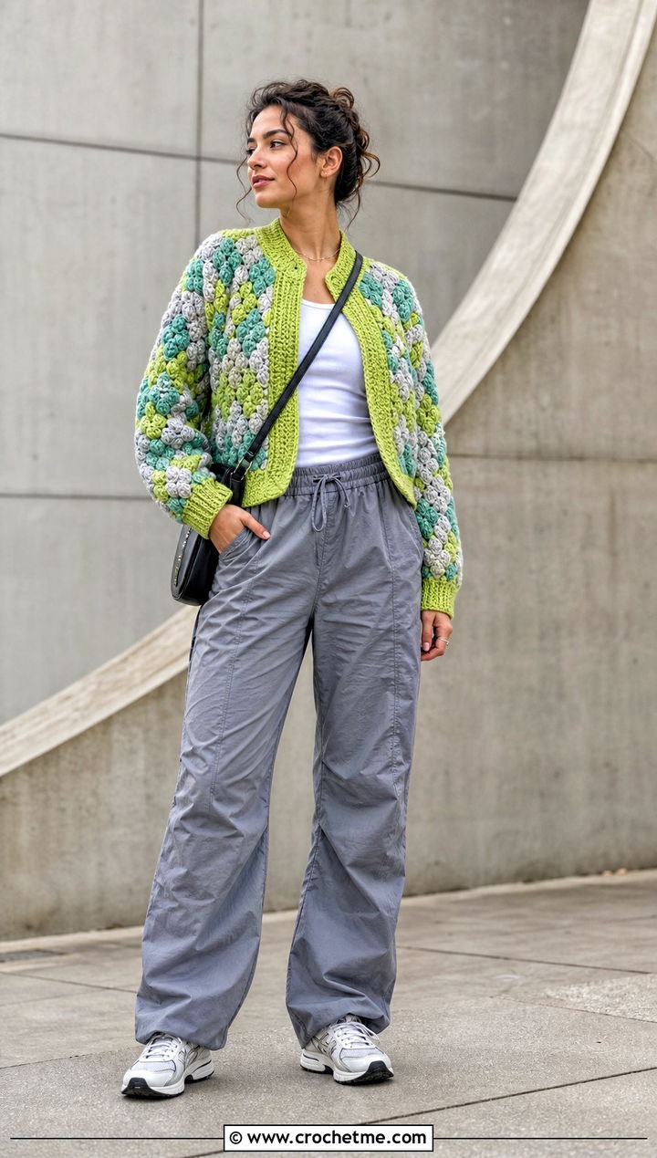 Bobble Stitch Howls Crochet Sweater With Parachute Pants - 25 Howls Crochet Sweater outfit ideas