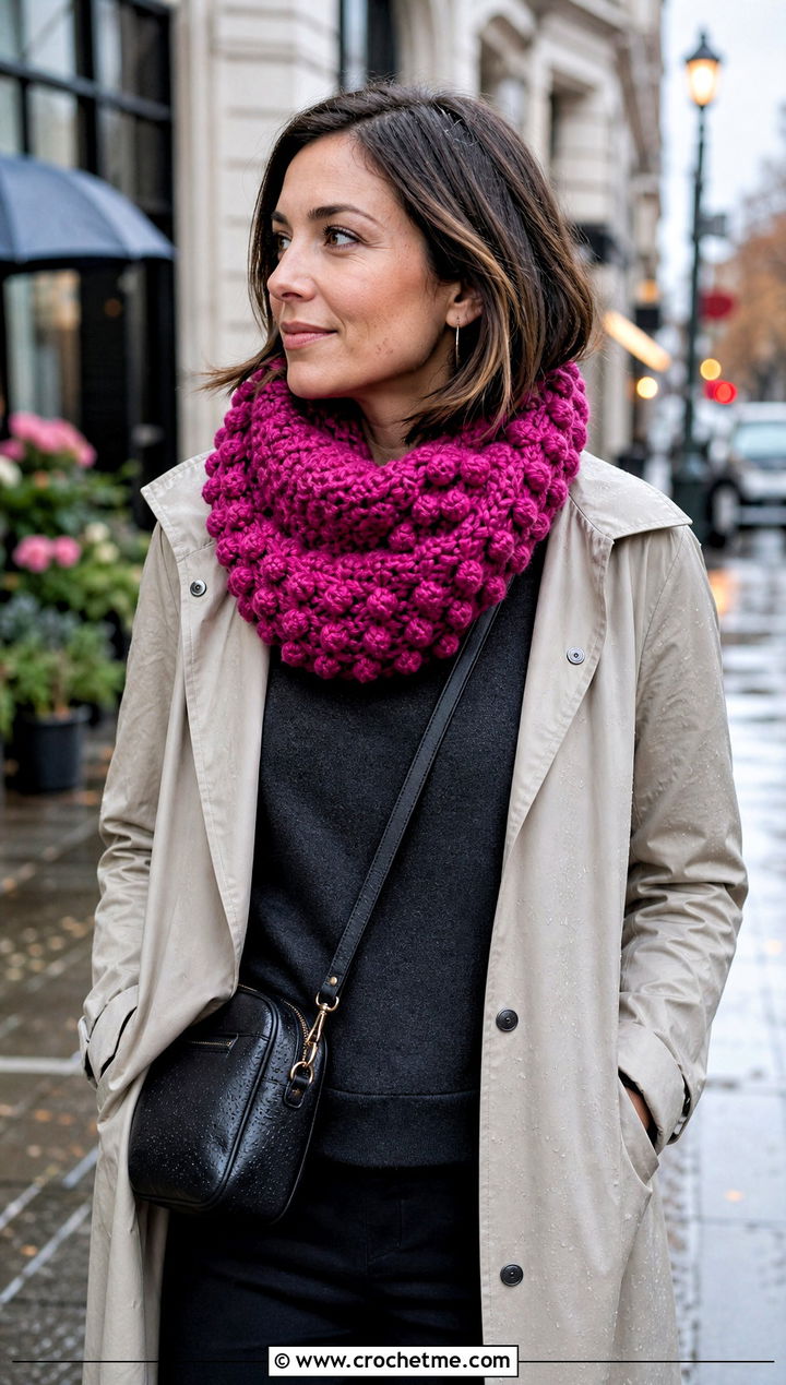 Bobble Stitch Infinity Crochet Scarf With Raincoat - 15 Infinity Crochet Scarf outfit ideas