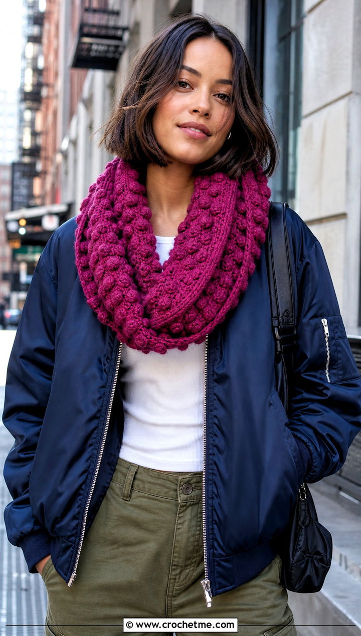 Bobble Stitch Infinity Scarf With Bomber Jacket - 30 easy crochet infinity scarf outfit ideas
