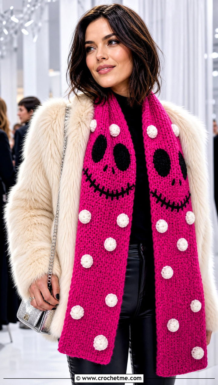 Bobble Stitch Jack Skellington Crochet Scarf With Faux Fur Coat - 20 Crochet Jack Skellington Scarf outfit ideas