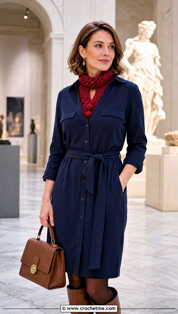Bobble Stitch Keyhole Crochet Scarf With Shirt Dress - 25 Keyhole Crochet Scarf outfit ideas