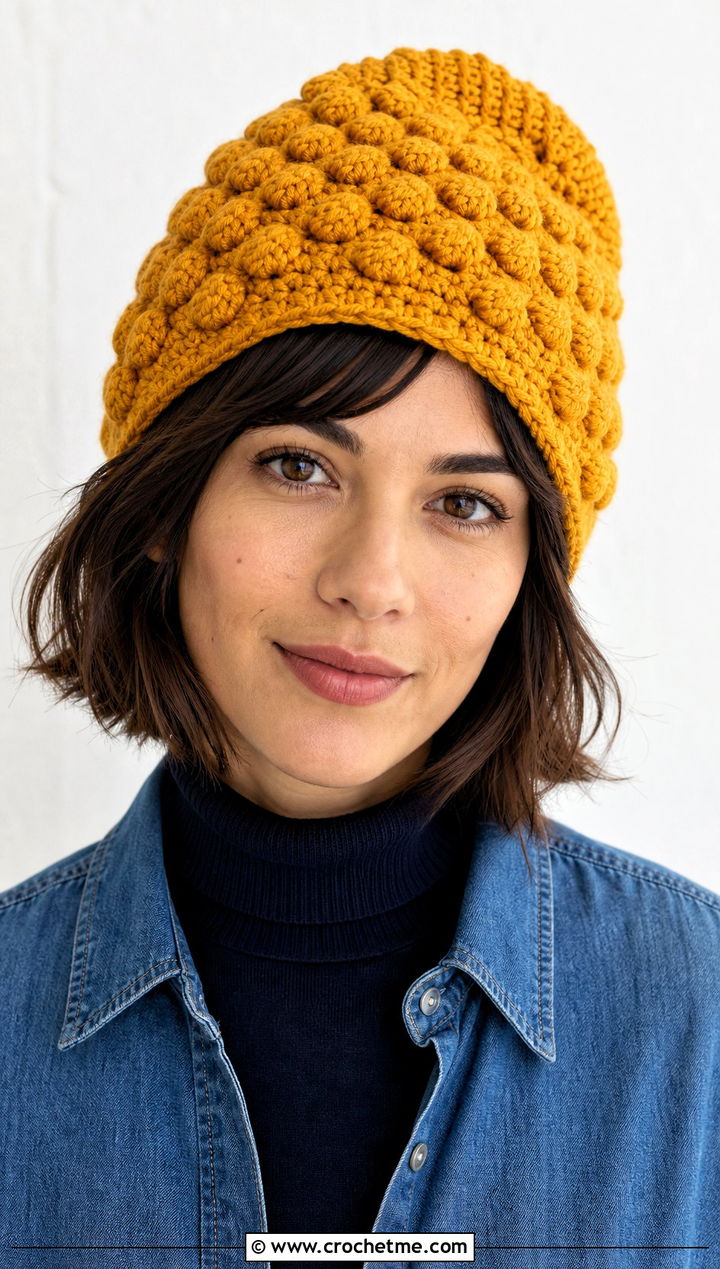 Bobble Stitch Long Crochet Hat With Denim Dress - 30 crochet long hat outfit ideas